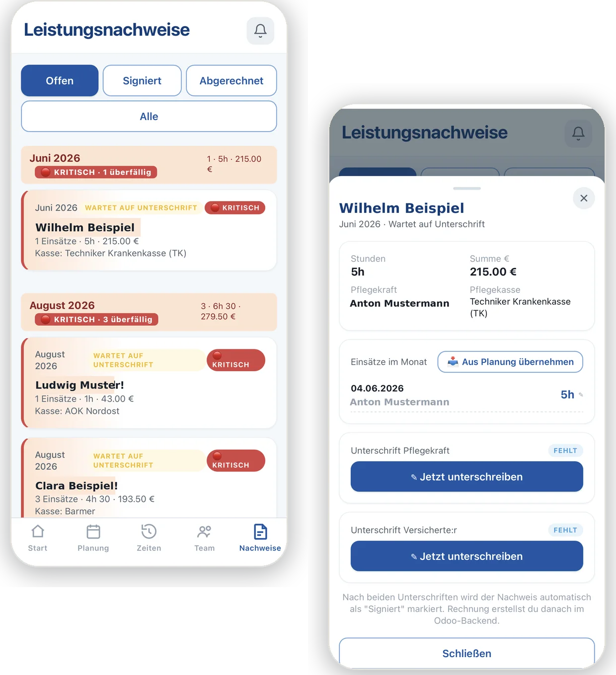Hansehelden Cockpit: Nachweise und digitale Unterschrift auf dem Smartphone