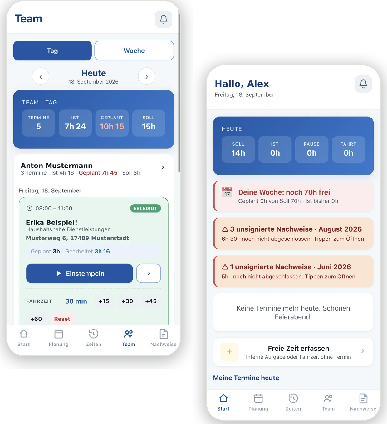 Cockpit-App: Tagesübersicht und Team-Einsatzplan auf dem Smartphone