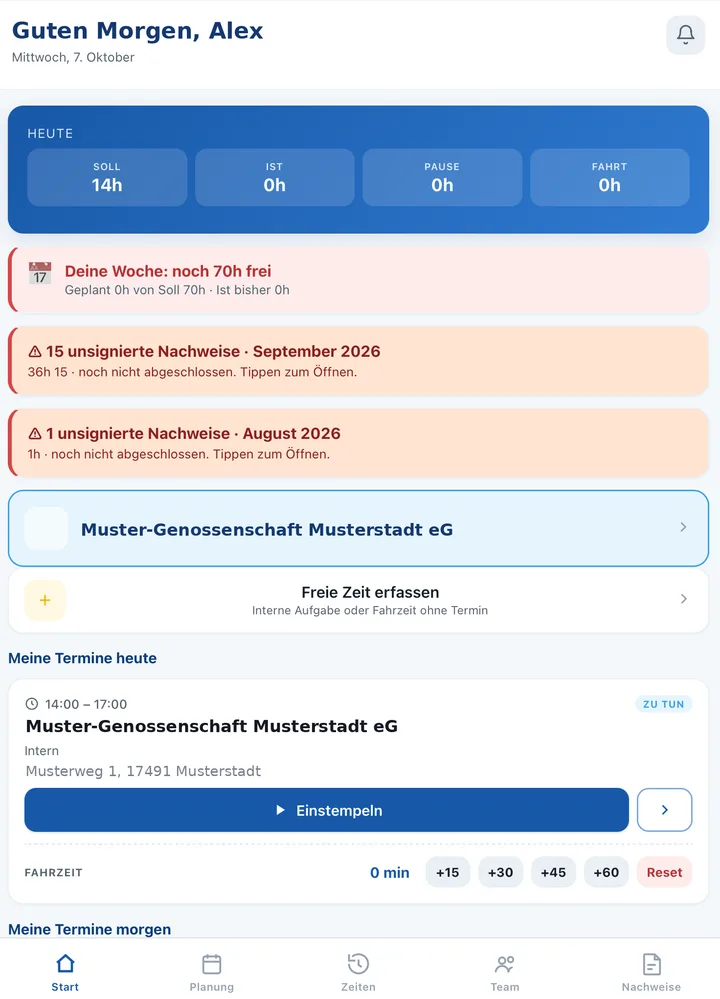 Cockpit-App: Tagesübersicht mit Soll/Ist, Hinweisen und nächstem Termin