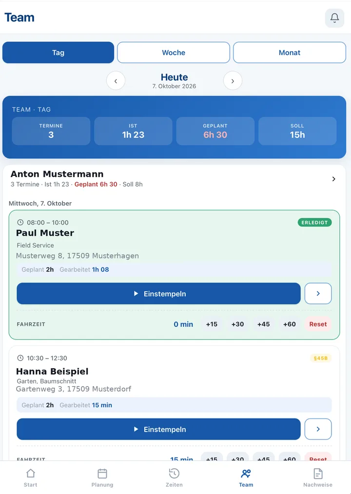 Cockpit-App: Team-Tagesansicht mit Einsätzen, Einstempeln und Fahrzeit