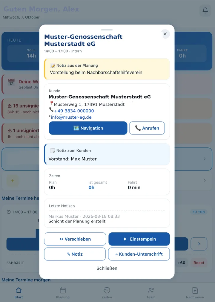 Cockpit-App: Termin-Detail mit Kundendaten, Navigation und Kunden-Unterschrift