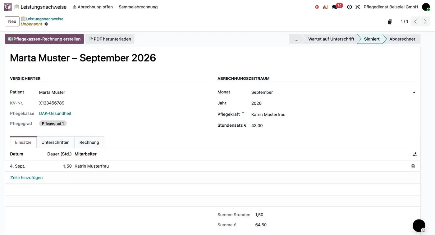 Leistungsnachweis-Formular in Odoo mit Pflegegrad, Stundensatz und Statusleiste