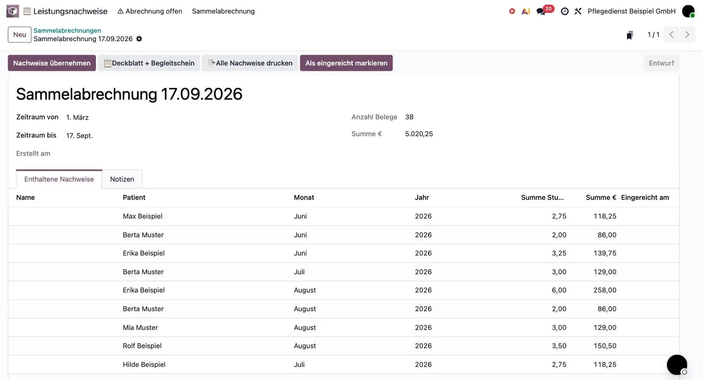 Sammelabrechnung in Odoo mit 38 Belegen und Aktionen für Deckblatt und Einreichung
