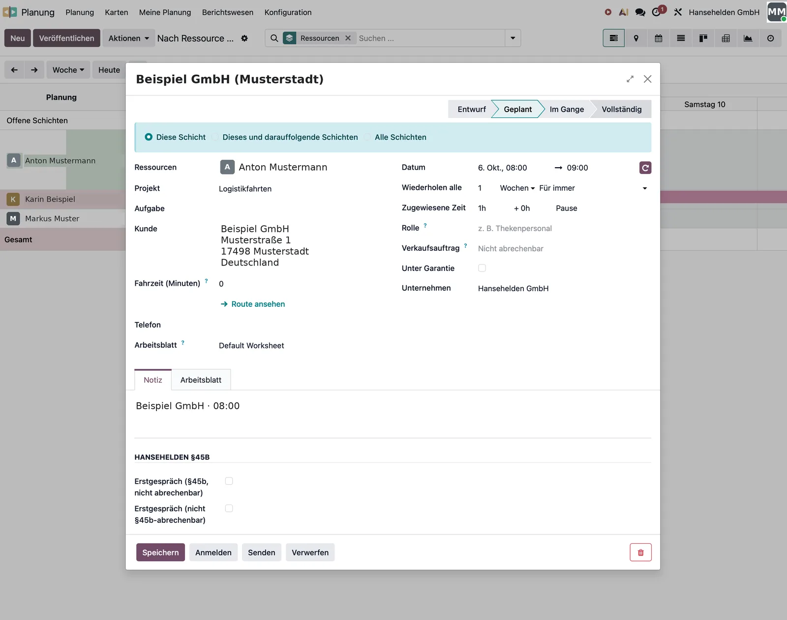 Schicht-Detail in Odoo Planung: Kunde, Projekt, Wiederholung, Status und individuelles Arbeitsblatt