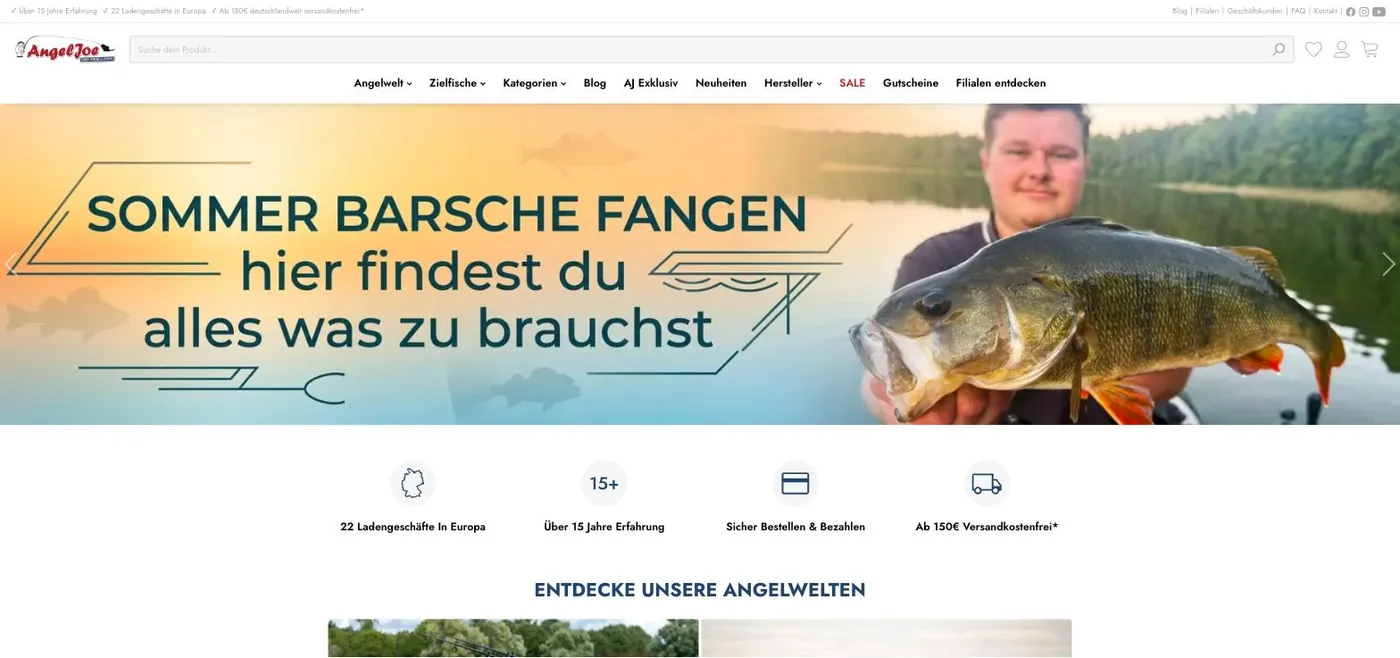 Startseite von angeljoe.de mit Angelwelten und Filialübersicht
