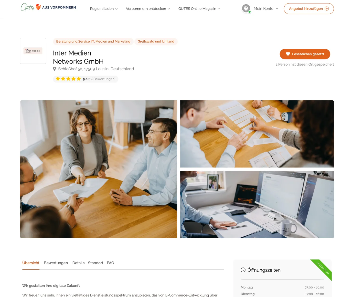 Anbieter-Profil mit Bewertungen und Öffnungszeiten auf gutes-aus-vorpommern.de