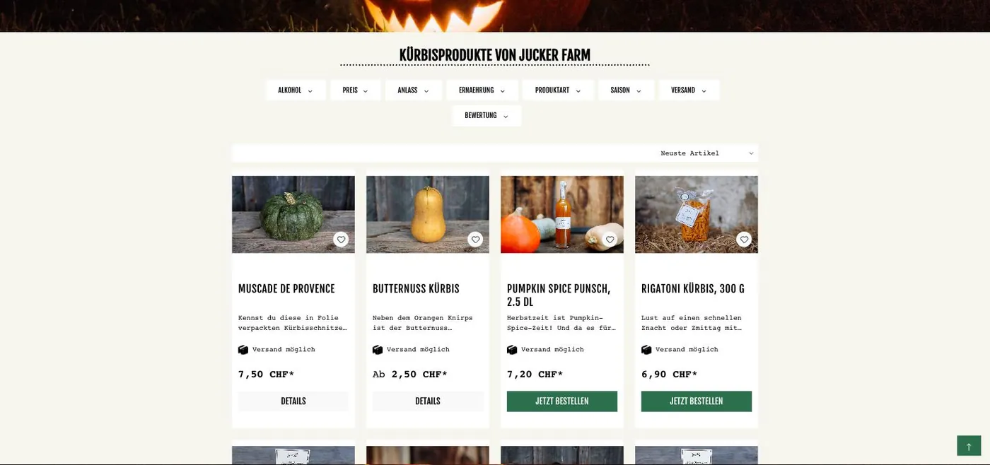 Kategorieseite Kürbisprodukte mit Filterwelt im Juckershop