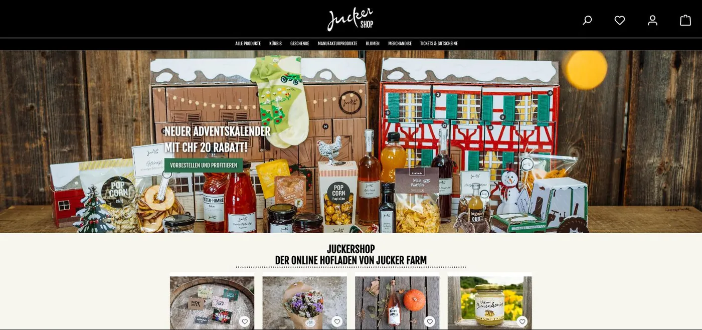 Startseite von juckershop.ch mit saisonalem Sortiment
