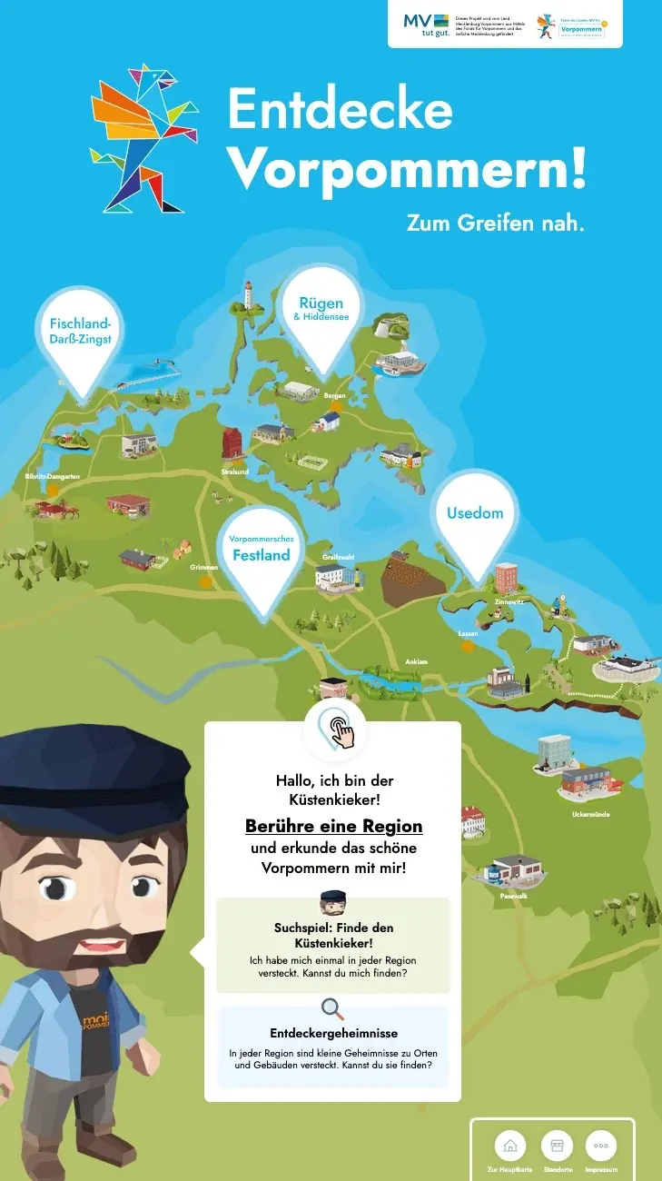 Mini.World Startbildschirm „Entdecke Vorpommern