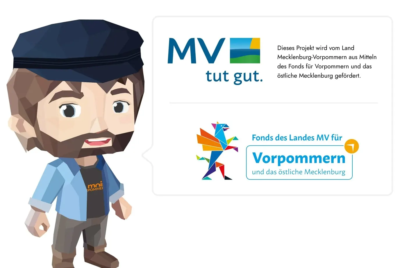 Küstenkieker-Maskottchen mit den Logos der Förderer: Land Mecklenburg-Vorpommern und Fonds für Vorpommern