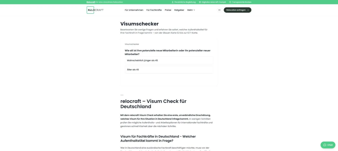 Interaktiver Visumschecker auf relocraft.com