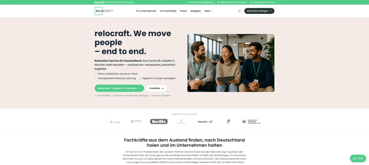 Startseite von relocraft.com – Relocation Service für Deutschland